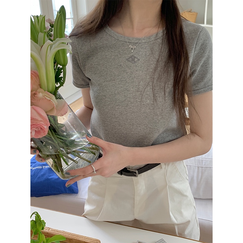 SUXI Áo Thun Tay Ngắn Màu Sắc Đơn Giản Thêu Họa Tiết Phong Cách Hàn Quốc Cho Nữ