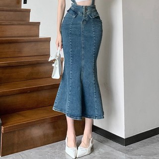 Chân váy denim đuôi cá lưng cao co giãn phong cách retro dành cho nữ