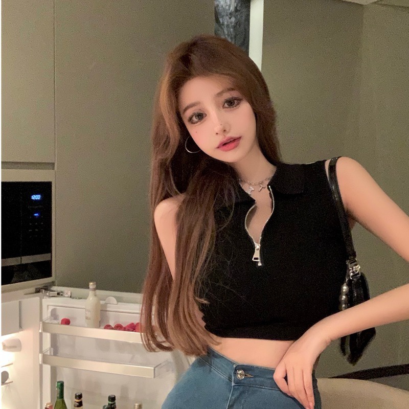 Áo croptop SUXI không tay cổ polo dáng ôm phong cách cổ điển thời trang mùa hè dành cho nữ