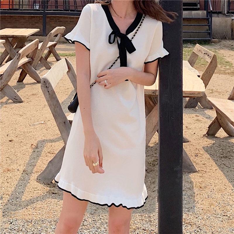 Đầm Dệt Kim Ngắn Tay Thắt Nơ Eo Thời Trang Nữ Tính