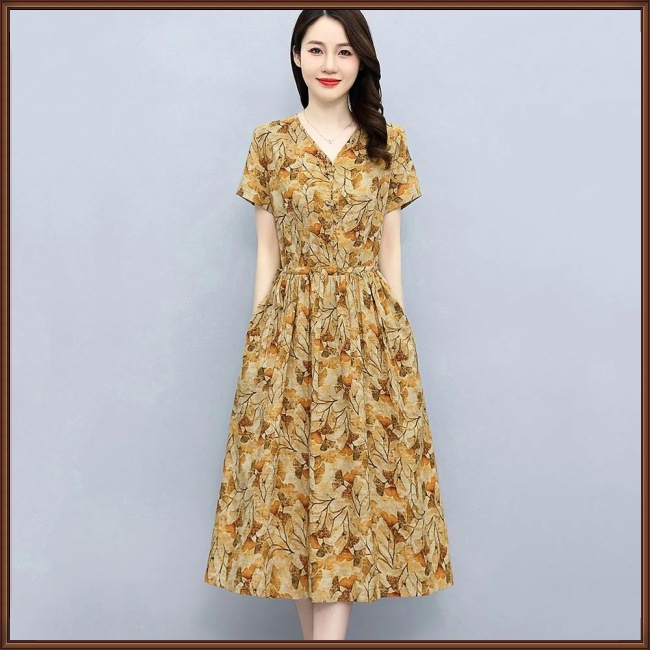 Đầm Tay Ngắn Cổ Chữ V In Họa Tiết Hoa Thanh Lịch Dành Cho Nữ