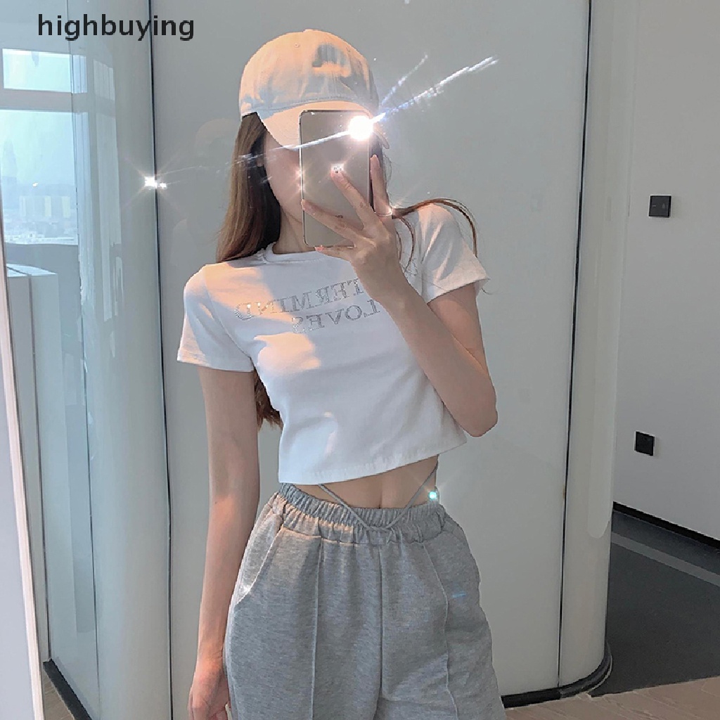 Áo Thun Croptop Ngắn Tay Cổ Tròn In Chữ Đính Đá Lấp Lánh Phong Cách Retro Cho Nữ