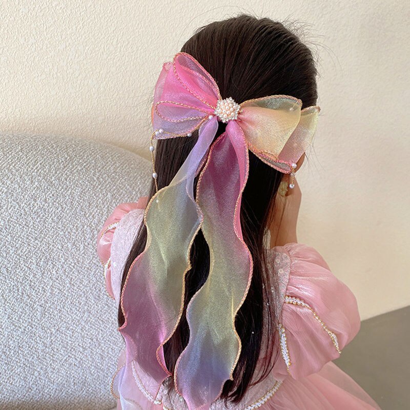 Kẹp Tóc Nơ Lưới Đính Ngọc Trai Nhiều Màu Dễ Thương Cho Bé Gái