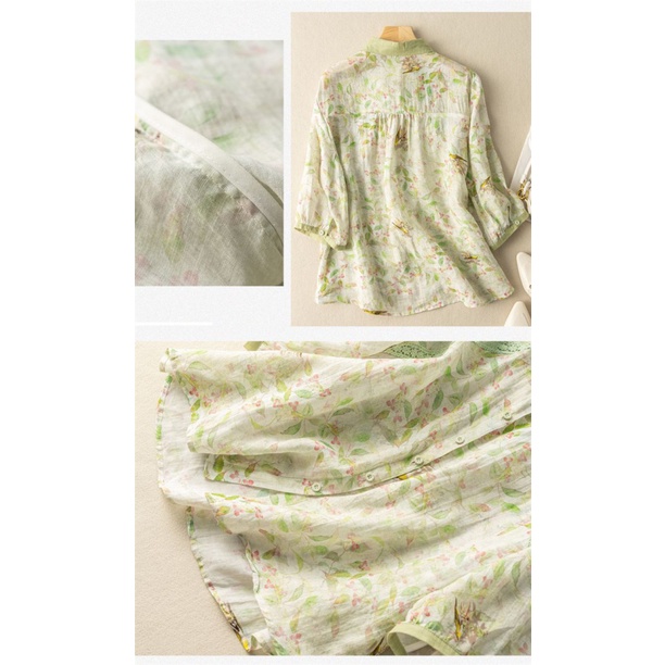 ICE cotton and linen Japanese retro printed shirt summer top high-end foreign trade export tail single Ramie women's loose artistic cotton and linen