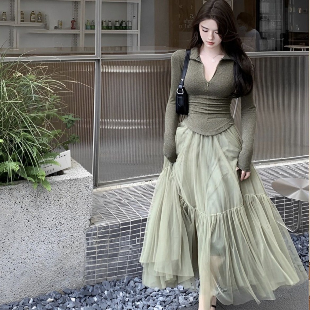 Đầm Thun Dáng Ôm + Chân Váy Dài Dáng Xòe Phối Lưới Phong Cách Pettiskirt Mới Thanh Lịch