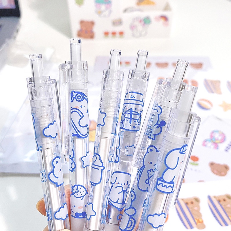 Bút Bi Mực Đen Ngòi 0.5mm Trong Suốt Có Thể Thu Gọn In Họa Tiết Gấu Hoạt Hình
