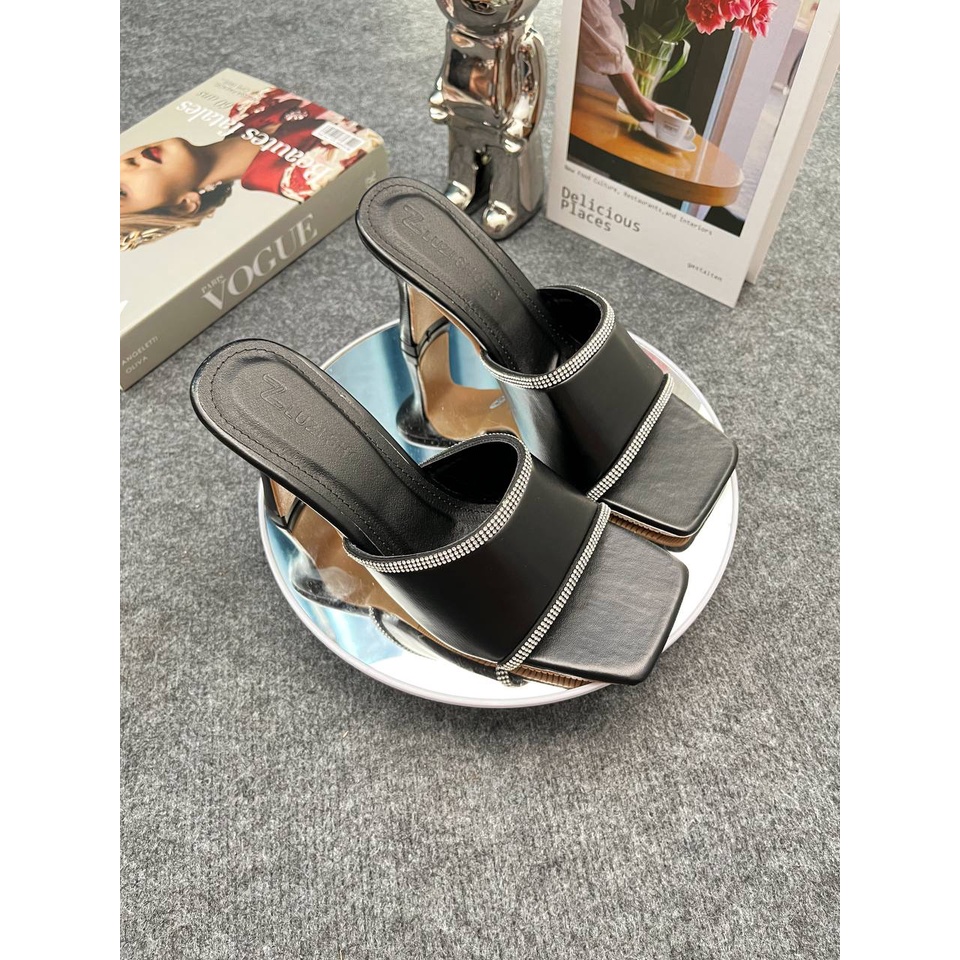 Guốc cao gót nữ quai ngang bản to viền đính đá gót cao 5p, dép nữ cao gót mũi vuông quai ngang viền đính đá gót dẹt HD46