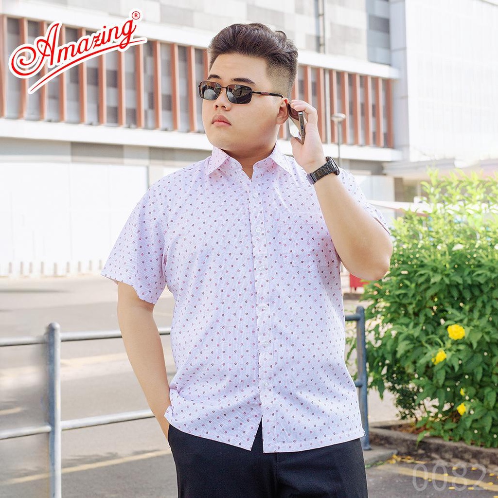 Áo sơ mi nam họa tiết ngắn tay, form rộng, vạt ngang, size đại tới 110 kg, thiết kế hoa văn nho nhỏ, hiệu Amazing