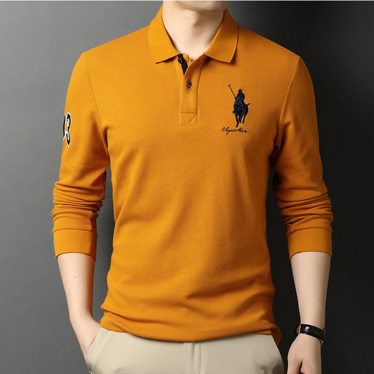 ☞Áo Thun polo 100% cotton Tay Dài Dáng Rộng Thoáng Khí Màu Sắc Đơn Giản Có Khóa Kéo Phong Cách Doanh Nhân Cho Nam