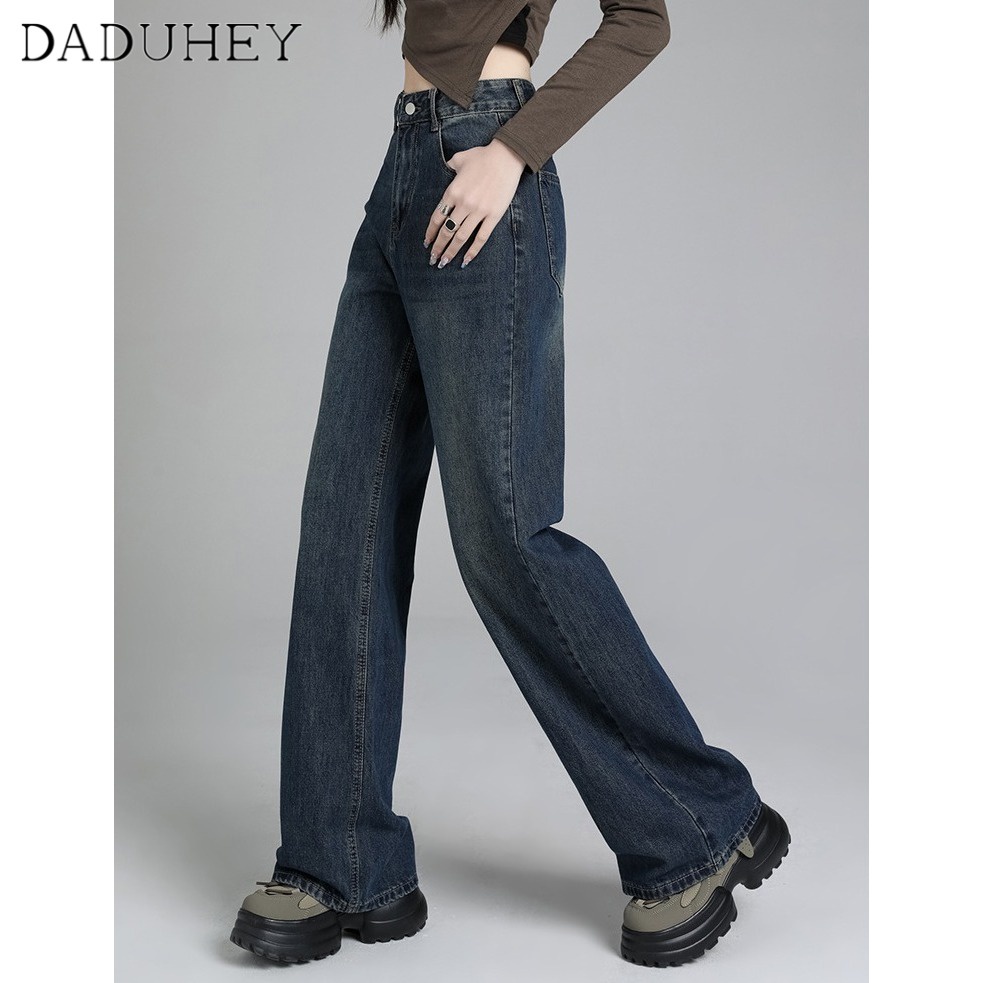 Quần jean DaDuHey lưng cao ống rộng kiểu dáng retro thời trang phong cách Hàn Quốc
