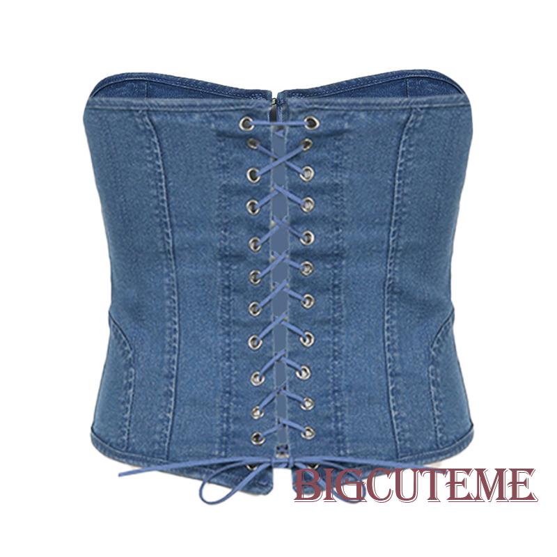 [] - Áo Ống Denim Nữ Hình Xương Cá Thắt Dây Trước Sau Màu Xanh Dương Y2K Phong Cách Hàn Quốc