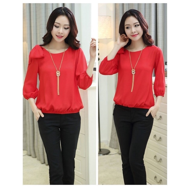 Áo Sơ Mi Voan Tay Lửng Trễ Vai Đính Nơ Xinh Xắn Dành Cho Nữ