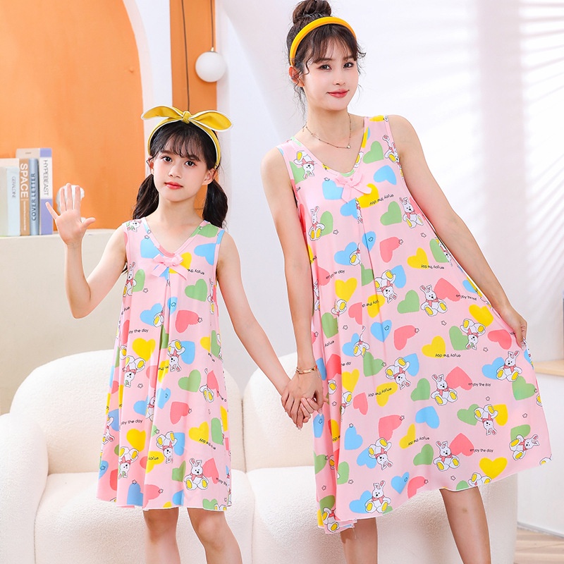 Đầm Ngủ Cotton Lụa Mỏng Không Tay Đính Nơ Dễ Thương Thời Trang Mùa Hè Dành Cho Mẹ Và Bé Gái Kích Thước 100-Xl