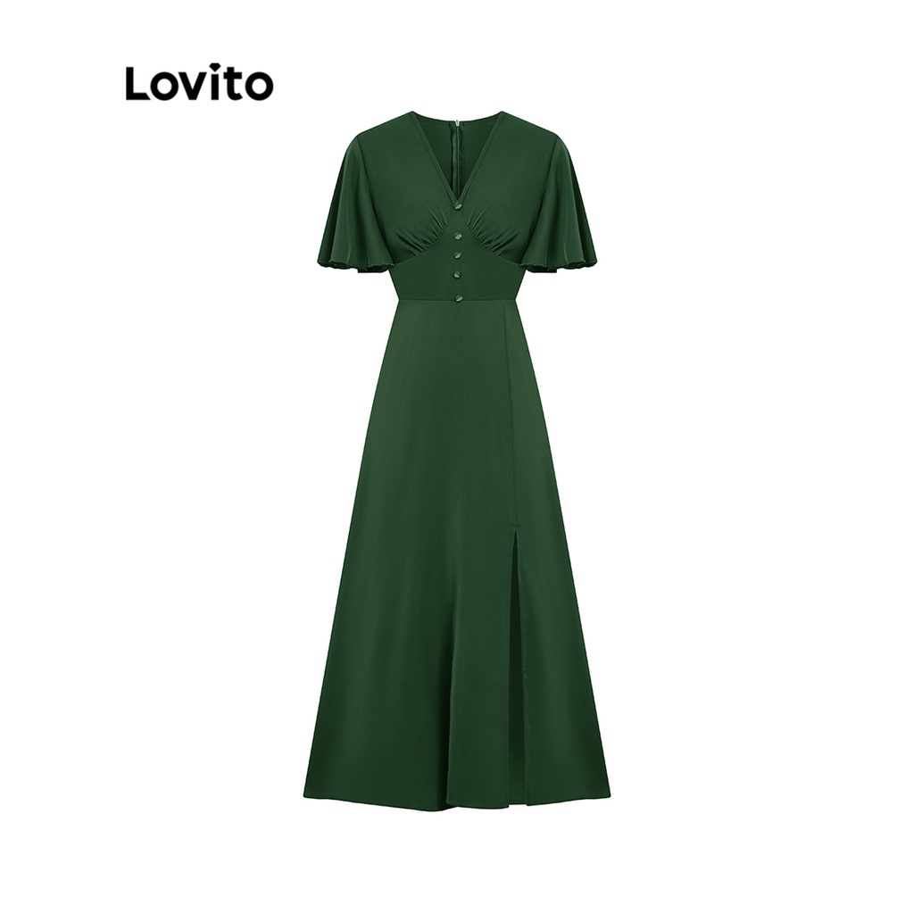Đầm LOVITO eo cao tay bướm khóa kéo cắt xẻ ở đùi nút cài màu trơn thường ngày cho nữ L45LD040 (màu xanh lá)