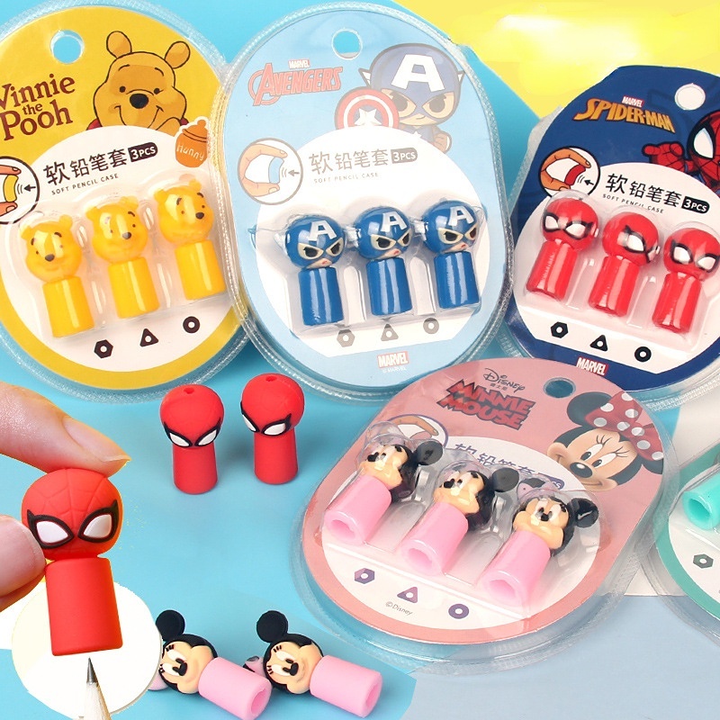 Set 3 Món Nắp Đậy Bút Chì / Dụng Cụ Học Tập In Hoạt Hình Disney Thông Dụng Cho Học Sinh