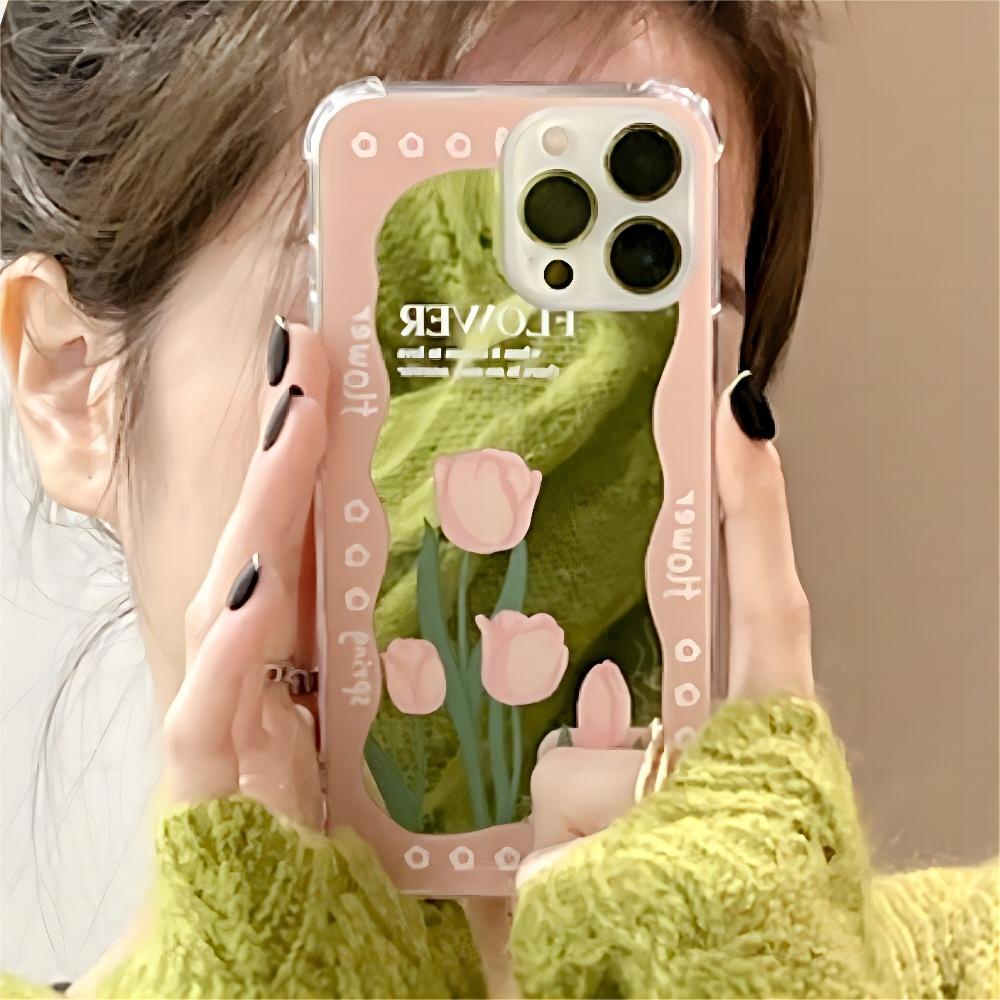 Ốp Điện Thoại TPU Mềm Bảo Vệ Bốn Góc Chống Rơi Hình Hoa Tulip Hồng IPhone 14 13 12 11 Pro Max XS XR 8 7 Plus