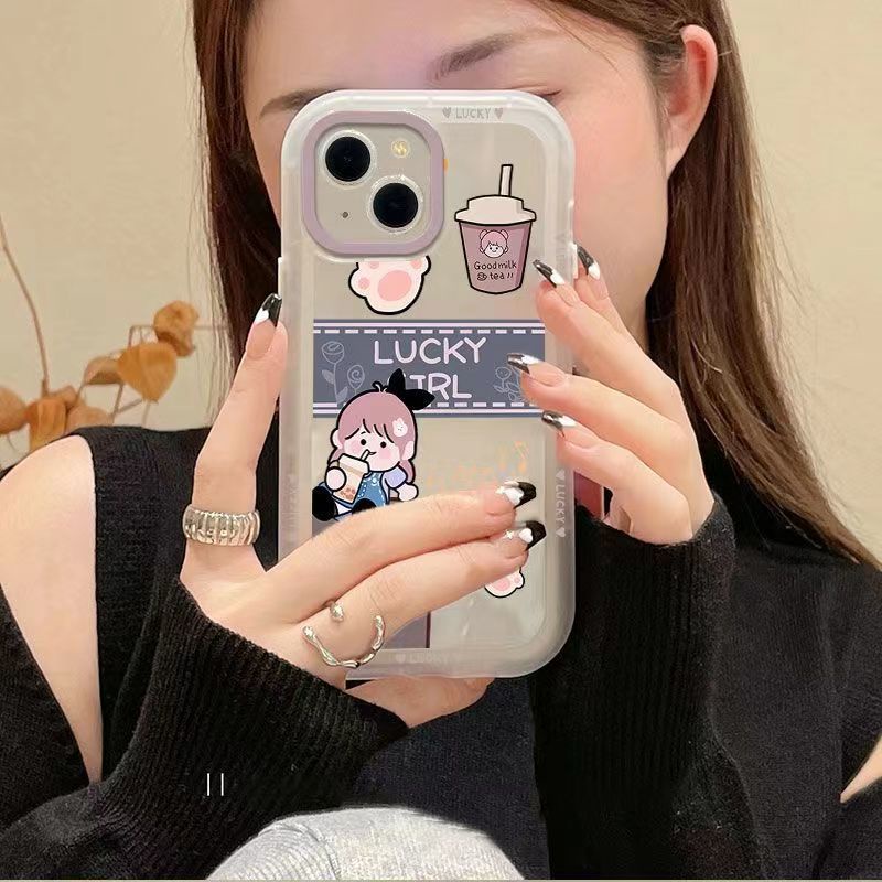 ✅Ốp Điện Thoại Mềm Màu Trong Suốt Hình Cô Gái Uống Trà Sữa Cho iPhone 14 13pro 12promax 7Plus Xr