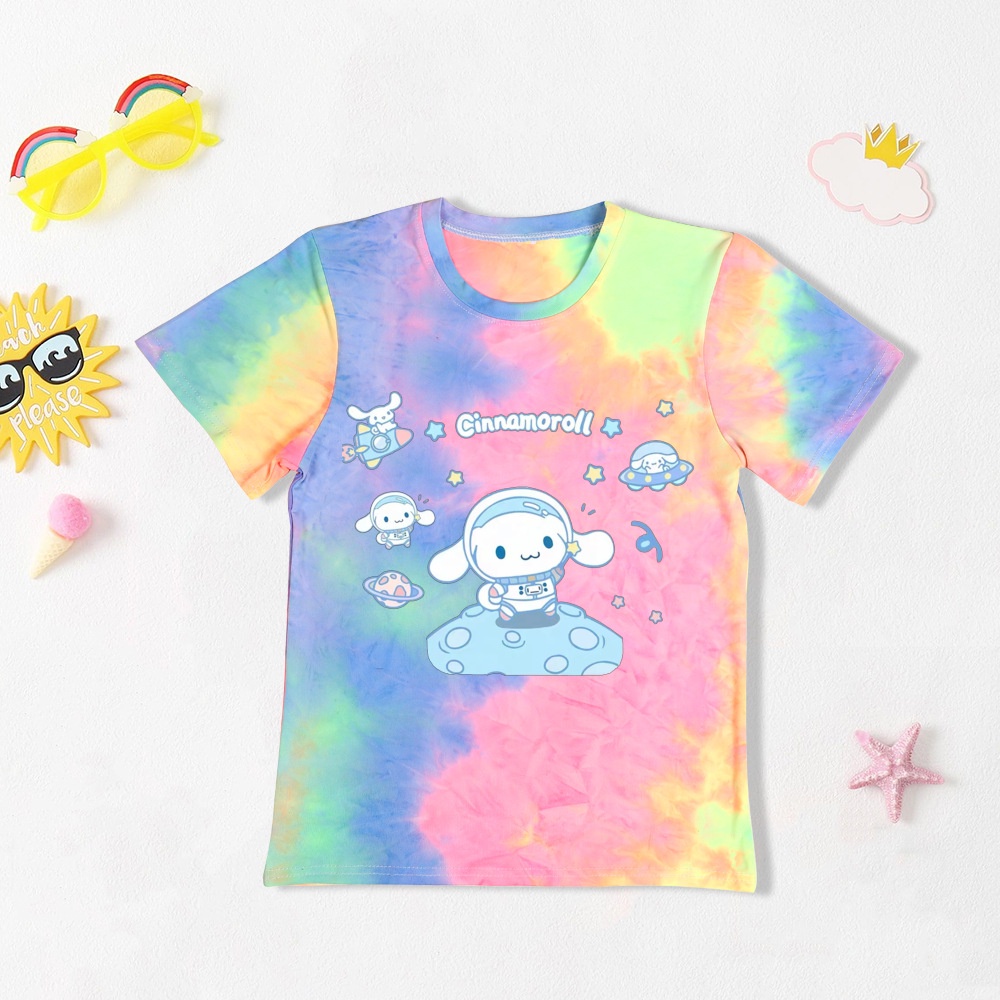 Cinnamoroll Áo Sơ Mi Dây Buộc Thời Trang Thuốc Nhuộm Mùa Hè Trẻ Em Quần Áo Tay Ngắn Bé Trai Bé Gái Cinnamoroll Hoạt Hình Áo Sơ Mi