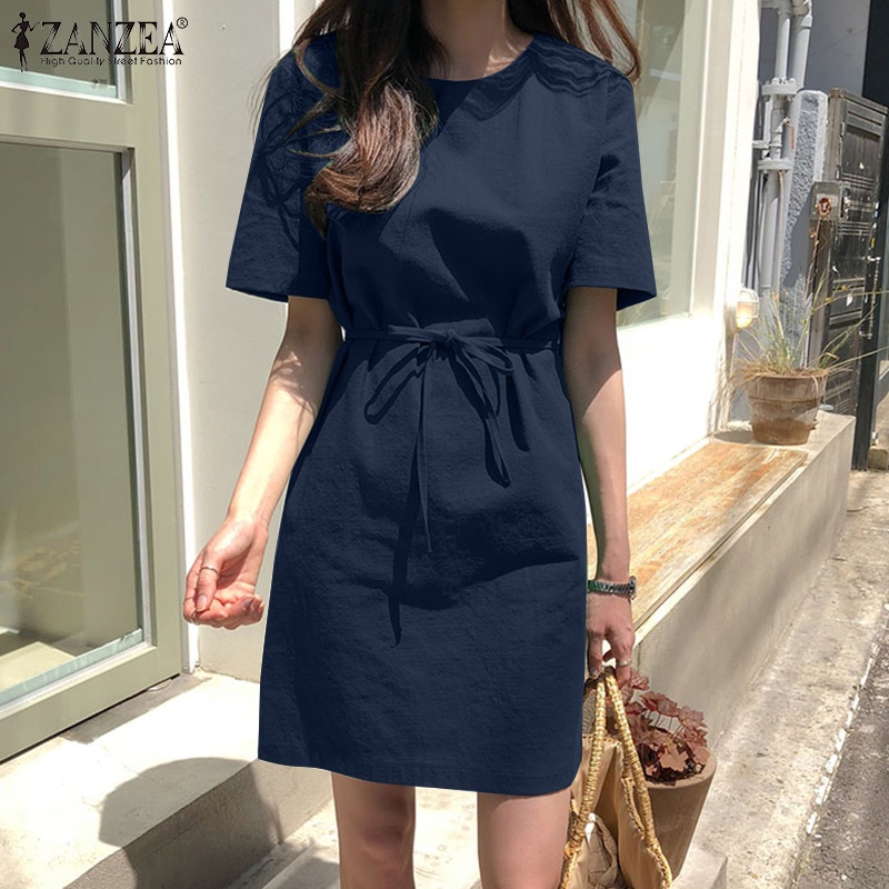 Đầm nữ ZANZEA ngắn tay cổ tròn lưng thắt nơ thời trang