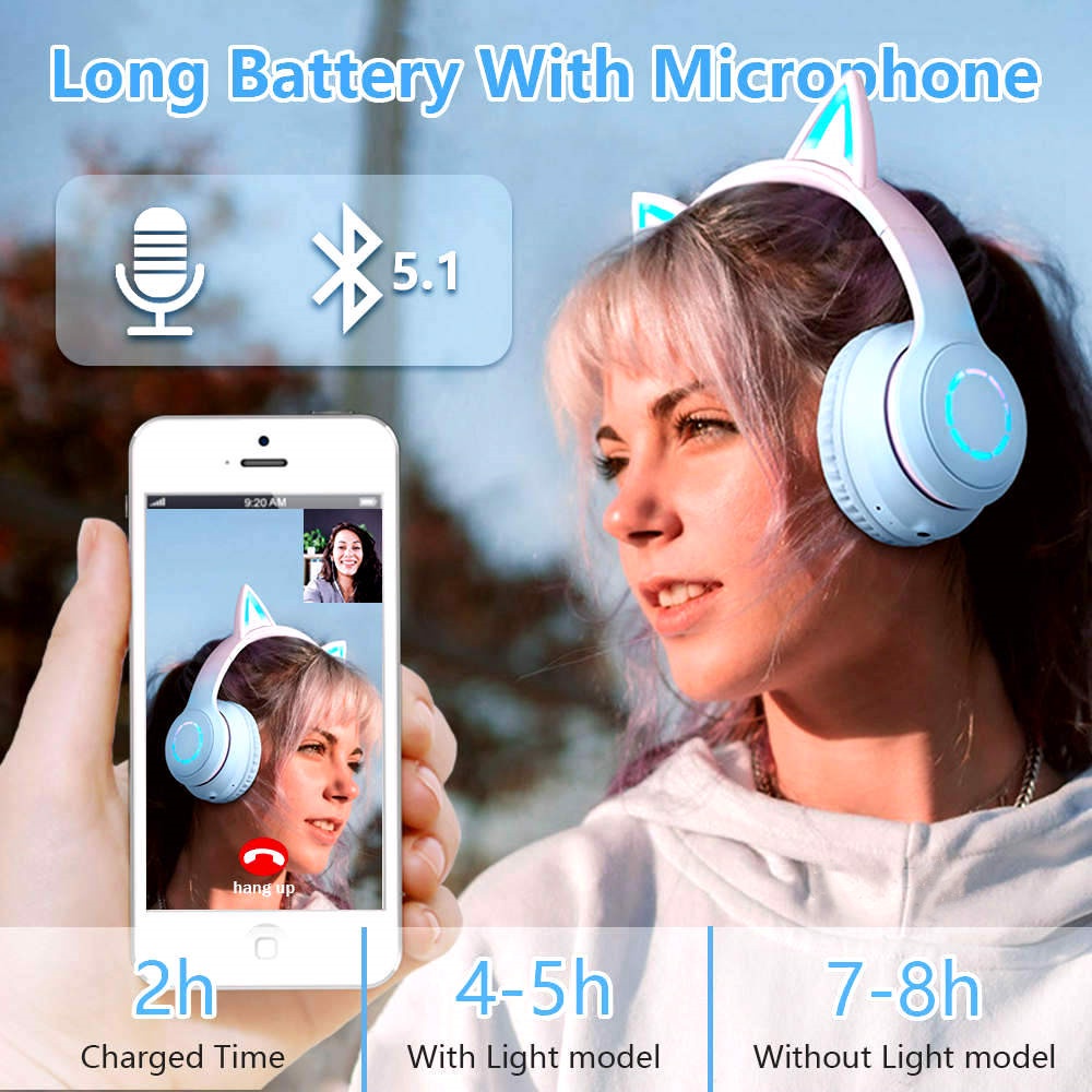 Tai Nghe Bluetooth Không Dây Hình Tai Mèo RGB Giảm Tiếng Ồn Cho iPhone Android Điện Thoại