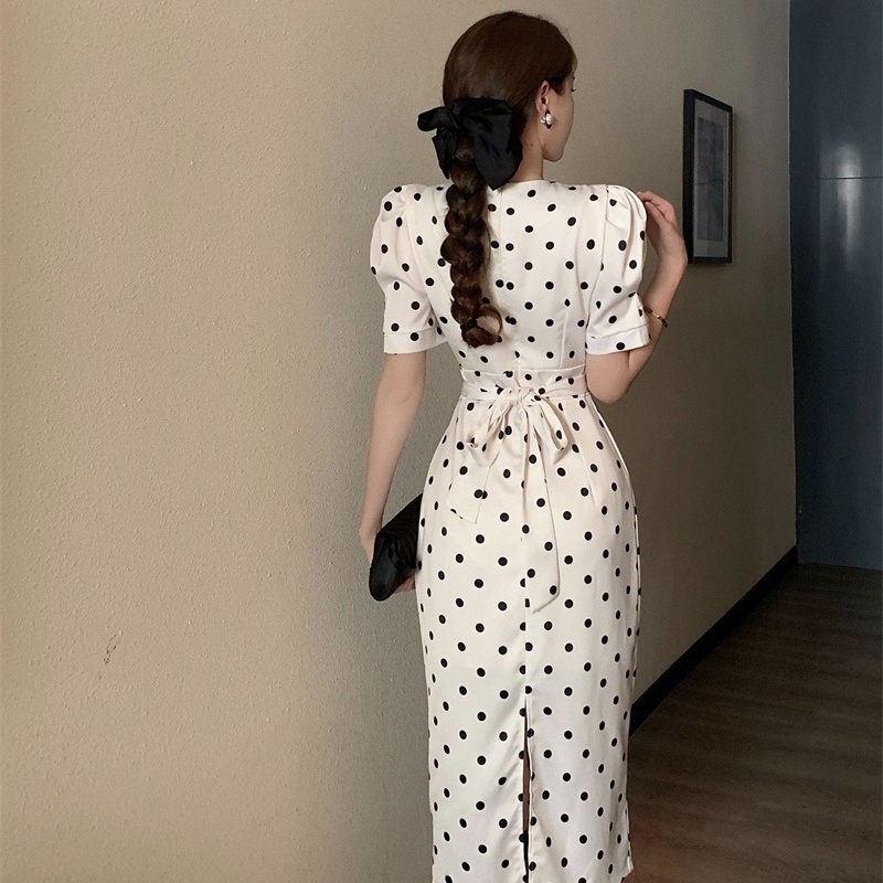 IELGY  Đầm Tay Phồng Họa Tiết Chấm Bi Cột Dây Phong Cách Pháp Thanh Lịch Cho Nữ