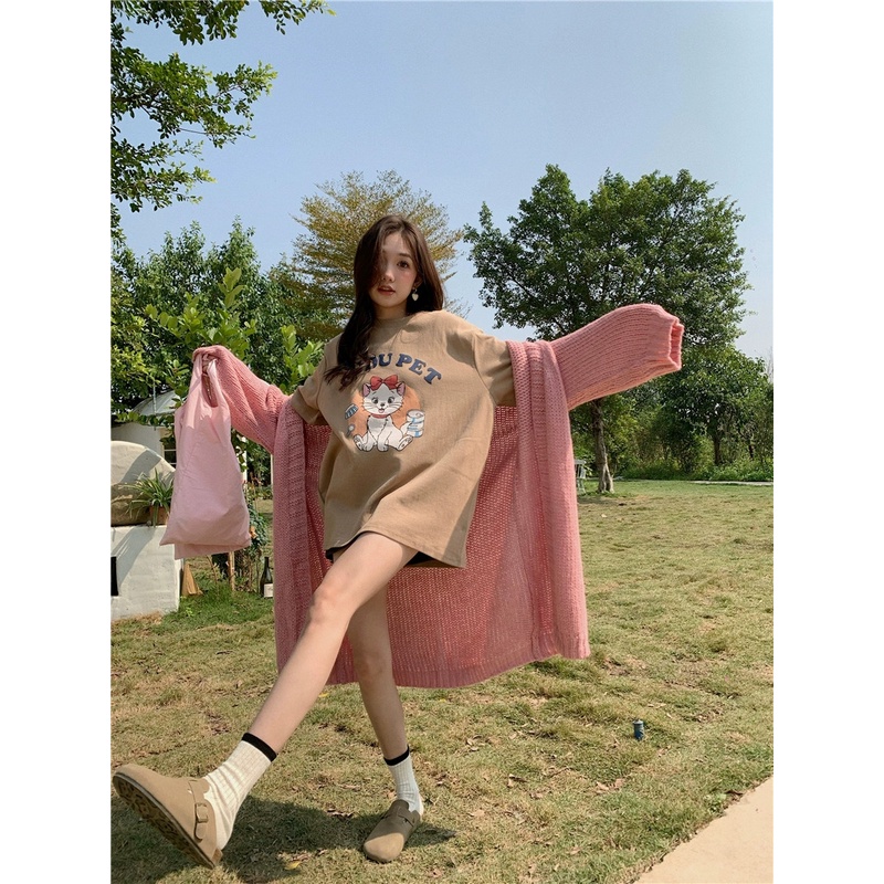 Áo Thun Tay Ngắn Cổ Tròn Hoạ Tiết Hình Chú Mèo Đáng Yêu