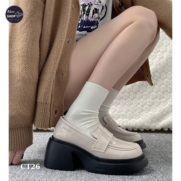 [Hàng Sẵn] [Ảnh Thật] Giày Lười Trắng Cho Nữ Đế Cao Hot Trend 2023 Mới Mùa Thu Đông Mũi Tròn Giày Da Cao Gót - CT26