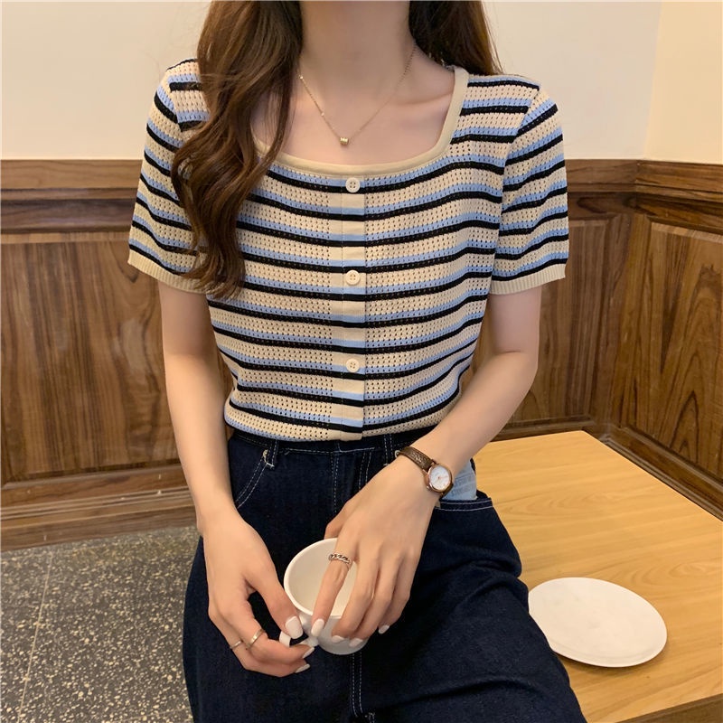 Áo Thun Dệt Kim Ngắn Tay Cổ Vuông Họa Tiết Kẻ Sọc Thời Trang Mùa Hè Mới
