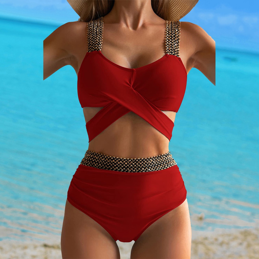 1 Bộ Đồ Bơi Hai Mảnh Dây Chéo Có Đệm Nâng Ngực Màu Sắc Trơn Quyến Rũ Dành Cho Nữ
