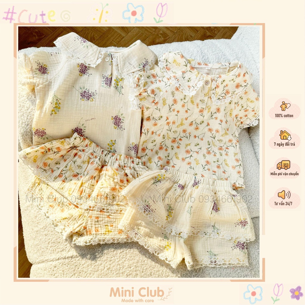 [Ảnh thật] M25 Bộ xô muslin bé gái phối ren Mini Club