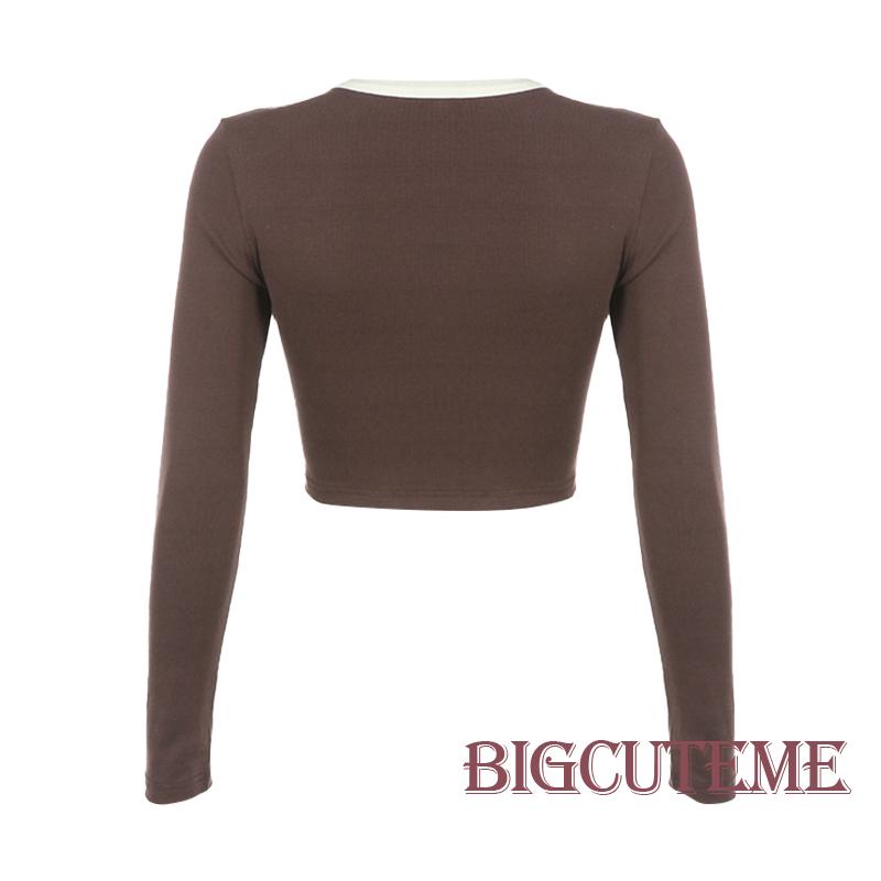Áo Thun Crop Top Tay Dài Cổ Chữ V In Chữ Phong Cách Retro Dành Cho Nữ