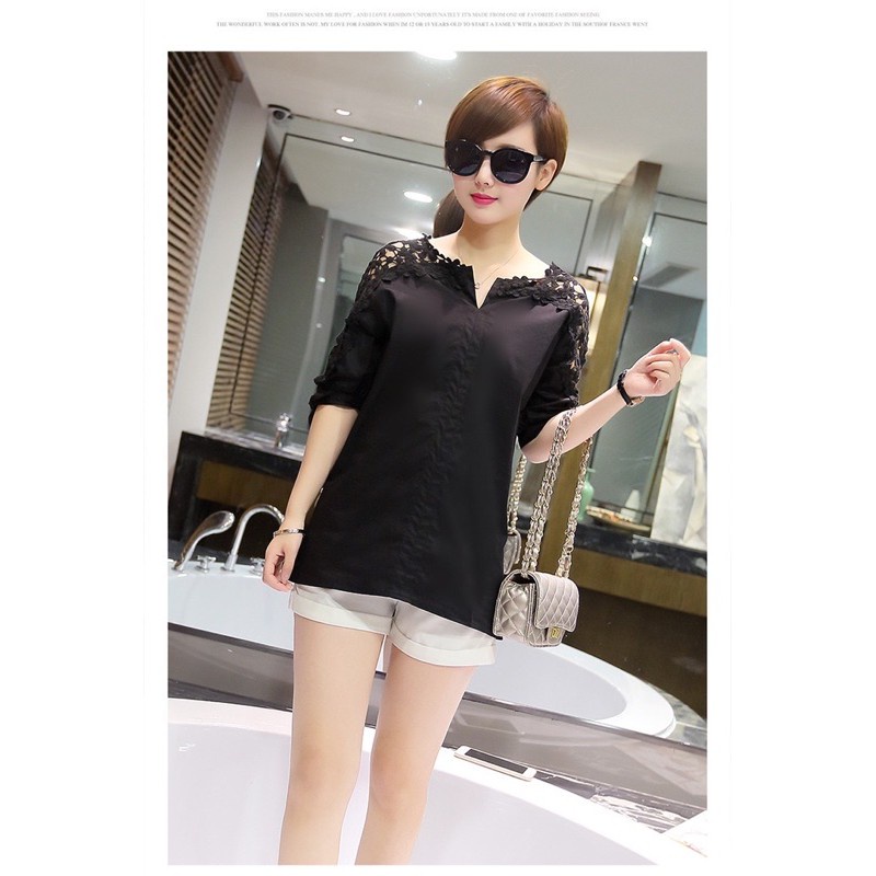 MS064 Áo sơ mi cổ thuyền tay lỡ phối ren sang trọng