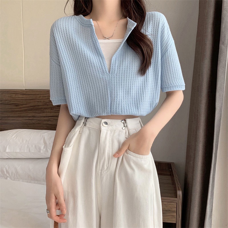 Áo thun XINLANYASHE crop top cổ chữ V thoải mái thời trang Hàn Quốc cho nữ