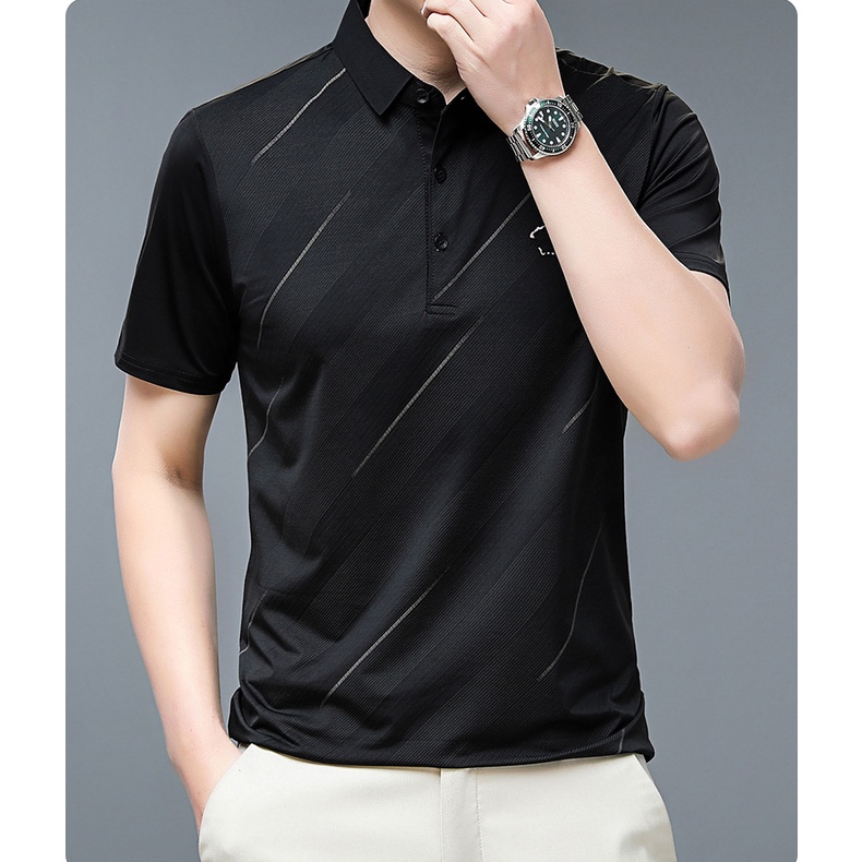 Áo Thun POLO Mỏng Tay Ngắn Dáng Rộng Thoáng Khí In Họa Tiết Kẻ Sọc Phong Cách Hàn Quốc Thời Trang Cho Nam _ A22