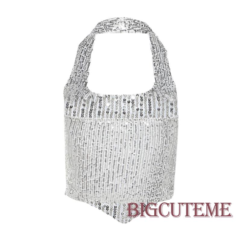 Áo Croptop Hai Dây Đính Kim Sa Lấp Lánh Thời Trang Mùa Hè Cho Nữ