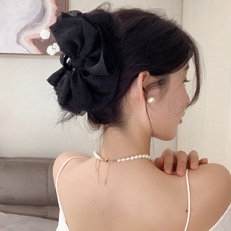 Kẹp Tóc Cá Mập Vải Gạc Chấm Bi Màu Hồng Kích Thước Lớn ins