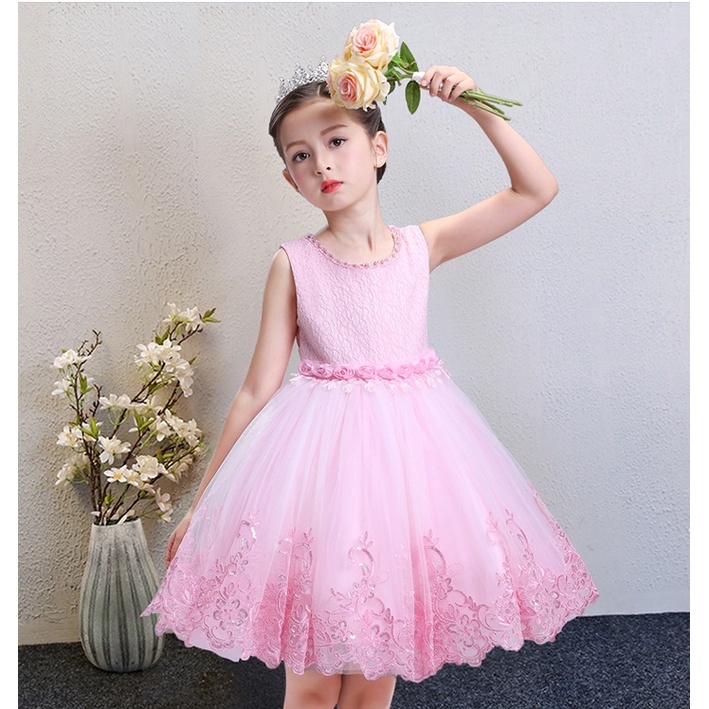 Đầm Công Chúa Phối Ren Màu Hồng Dễ Thương Cho Bé Gái 7 Tuổi