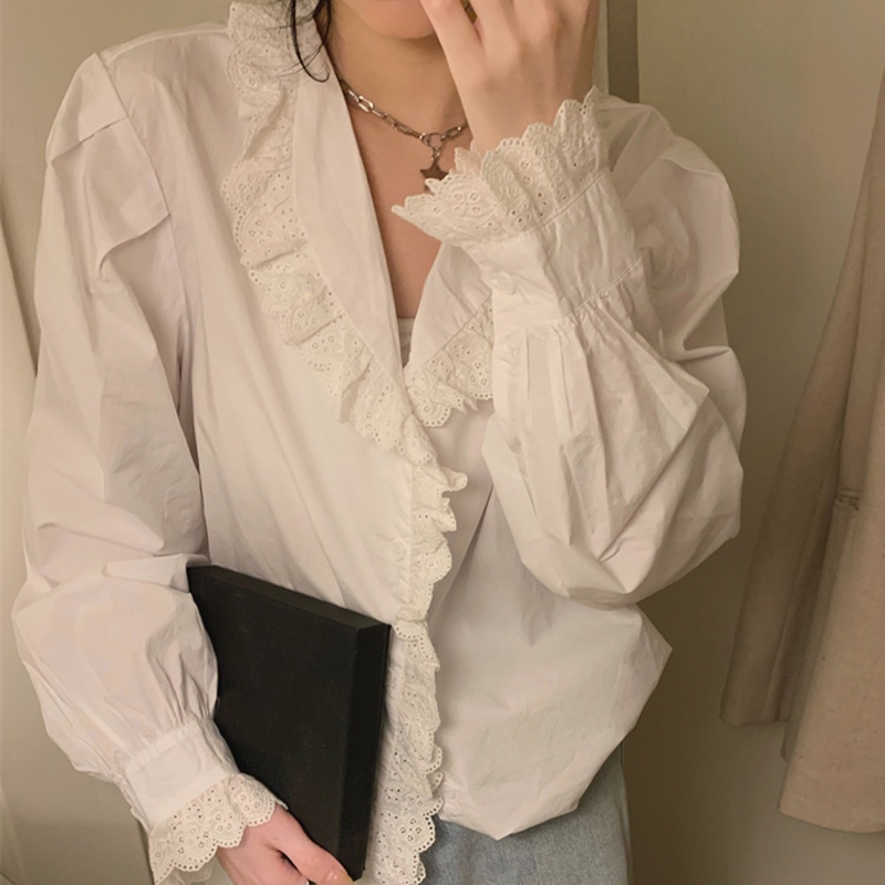 IELGY   Áo Sơ Mi Tay Dài Phối Ren Thời Trang Dành Cho Nữ