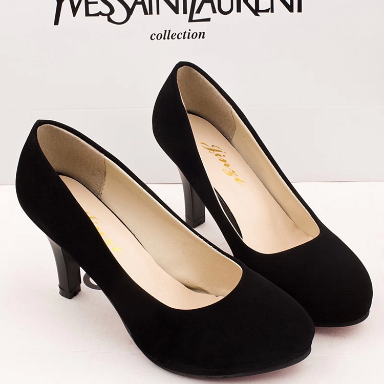 Giày Cao Gót 3-5cm Da Lộn Mũi Tròn Màu Đen Chống Thấm Nước Thời Trang Công Sở Cho Nữ