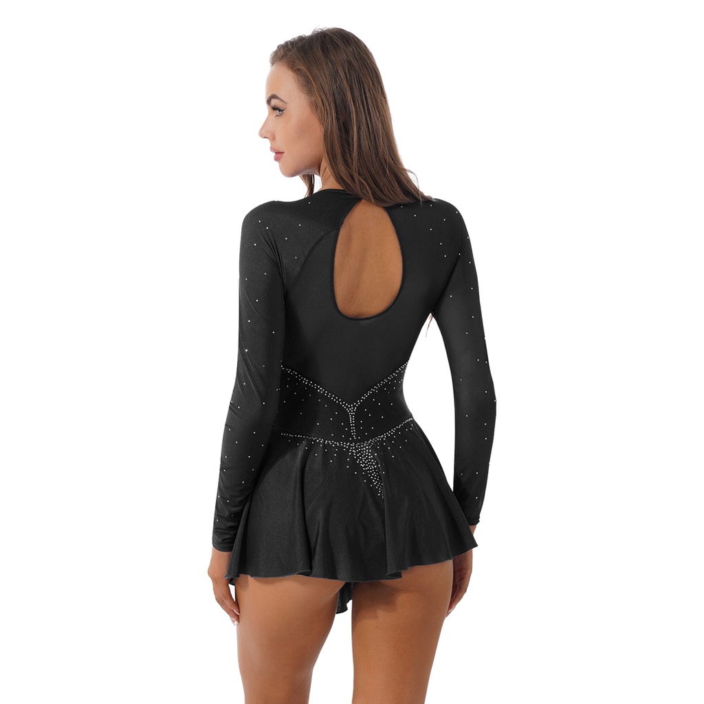 Nữ Lấp Lánh Kim Cương Giả Khiêu Vũ Xem Qua Lưới Chắp Vá Leotard Váy Hình Trượt Băng Trang Phục