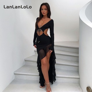 LanLanLo Nữ Màu Trơn Cổ Chữ V Dài Tay Rỗng Lưng Cao Cấp