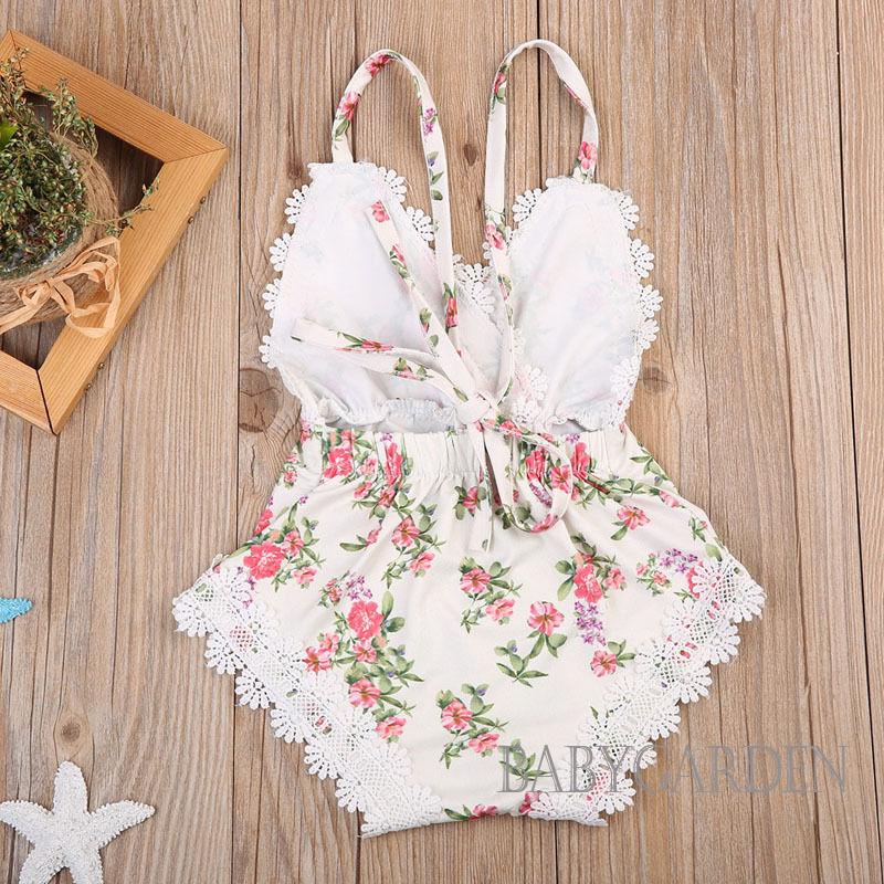 Áo Liền Quần Không Tay Cổ Chữ V Phối Ren Hoa Dành Cho Bé Gái 0-24 Tháng Tuổi