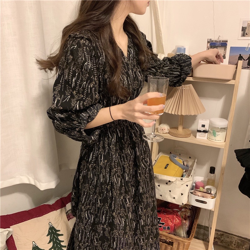 IELGY   Đầm Hoa Cổ Chữ v Chiết Eo Phong Cách Pháp Thanh Lịch Cho Nữ