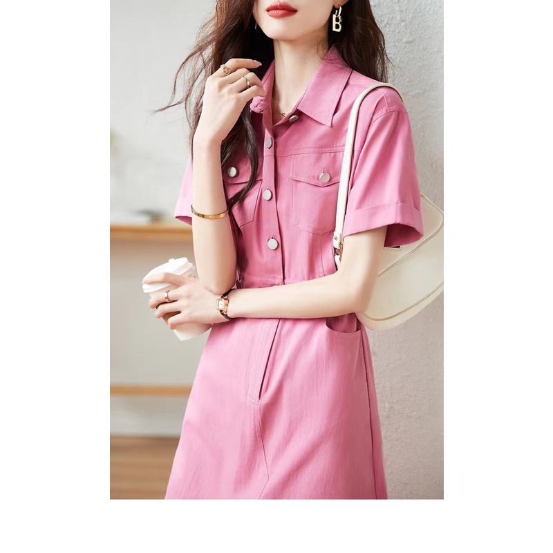 Đầm Sơ Mi Cổ Polo Màu Hồng Thiết Kế Đơn Giản Phong Cách Pháp Thời Trang Mùa Hè Hàng Mới JJ