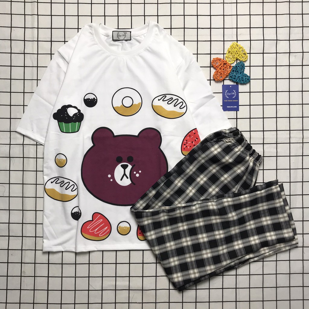 Sét Bộ Áo In Hình Thú Cute Và Quần Kẻ Đẹp Mặc Mùa Hè, Mặc Ở Nhà, Áo Phông Cotton Mát Mịn Phong Cách Hàn Quốc