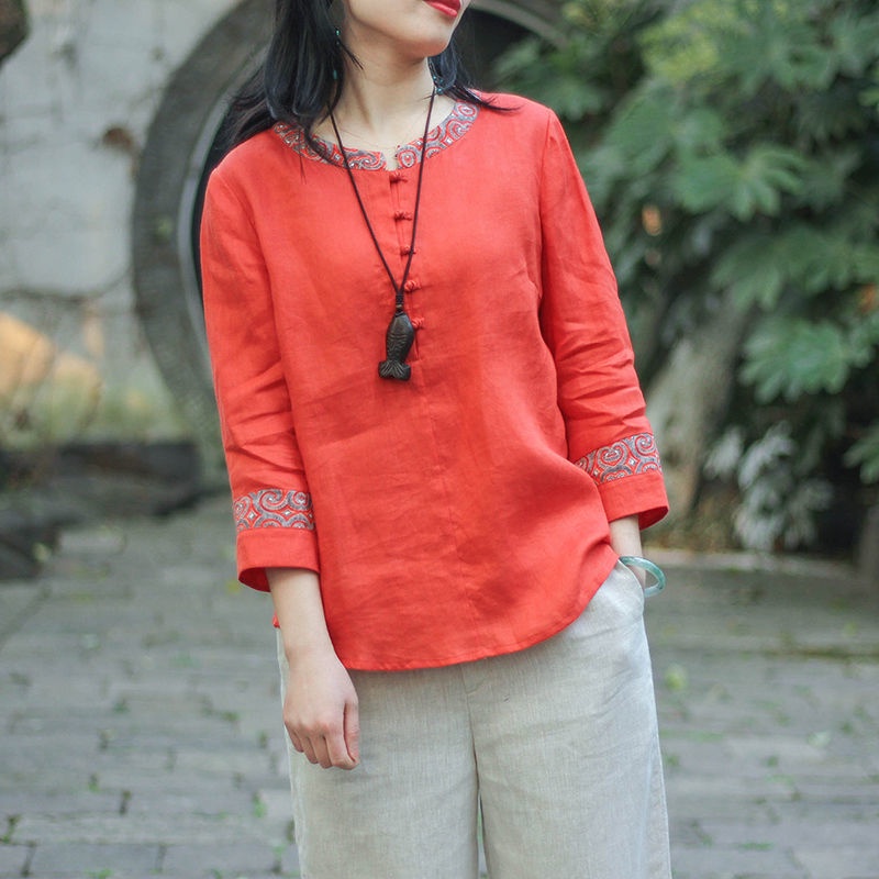 Áo Cotton Lanh Dáng Rộng Thoáng Khí Cài Khóa Đĩa Đơn Giản Cổ Điển