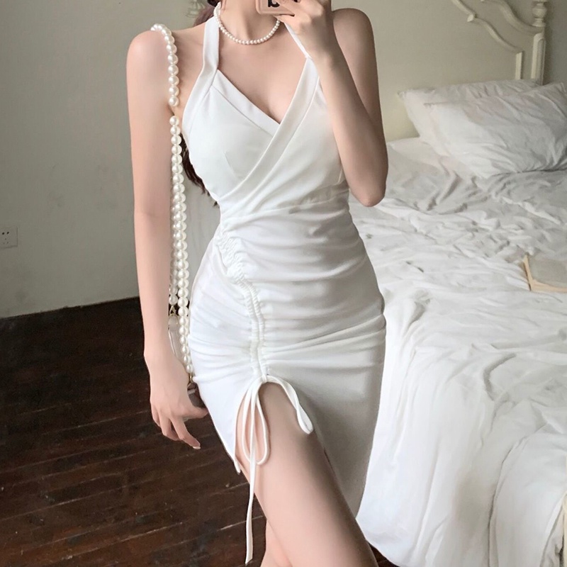 IELGY   Đầm Hai Dây Cổ Chữ v Xẻ Tà Ôm Dáng Thời Trang Cho Nữ