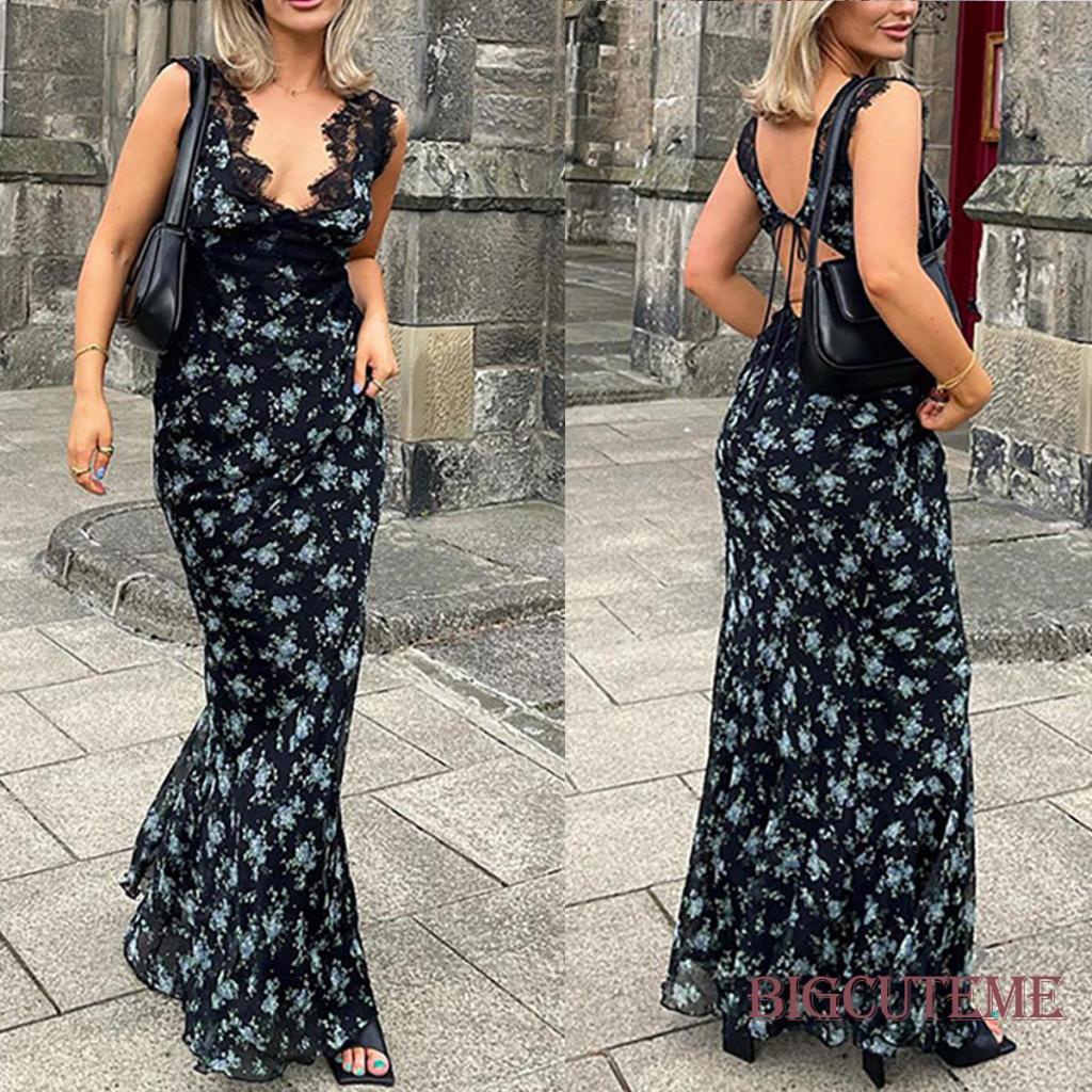 [] - Đầm Dài Không Tay Eo Cao Cổ Chữ V In Hoa Phối Ren Mỏng Hở Lưng Cho Nữ