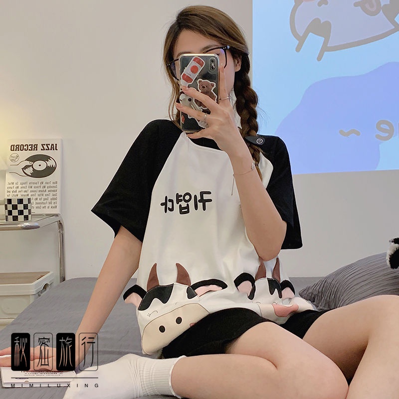 Bộ Đồ Ngủ Ngắn Tay Dáng Rộng In Hoạt Hình Mèo Doraemon Đáng Yêu Thời Trang Mùa Hè Cho Nữ