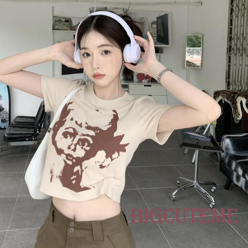 Áo Thun Lửng Ngắn Tay Form Rộng Họa Tiết Trừu Tượng Phong Cách Retro Dành Cho Nữ